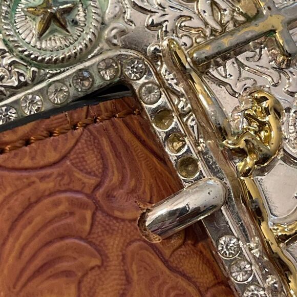 Praying Cowboy Vintage 2-Toned Hand-tooled Large Buckle Men’s Western/Cowboy Bel - Picture 12 of 16